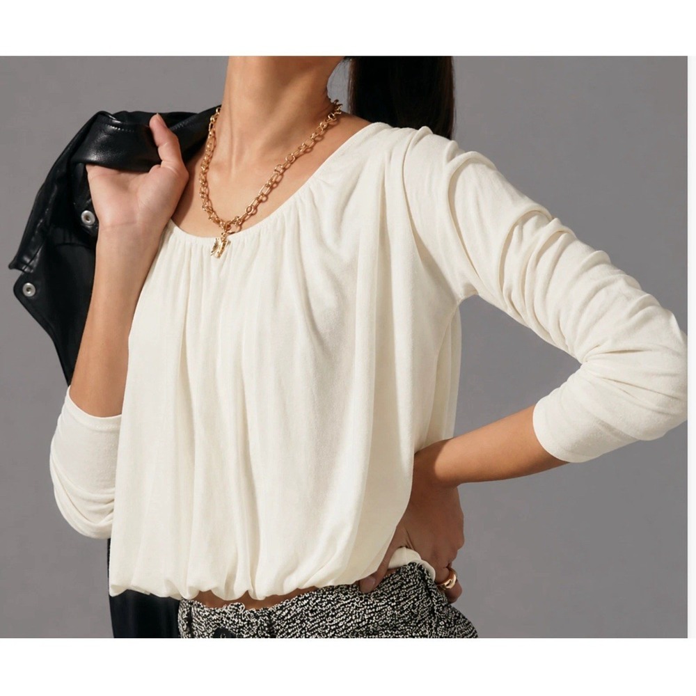NEW Anthropologie Maeve Long Sleeve Bubble Hem Top Ivory Cream XS